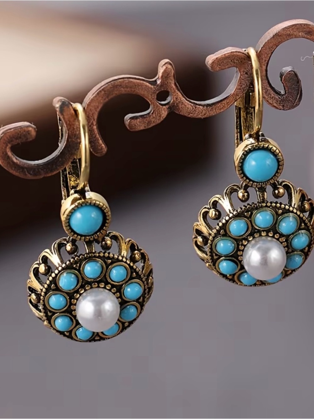 NEW! Vintage-Style Gold Filigree Drop Earrings. Antique Turquoise Earrings B2–92 - Picture 4 of 5